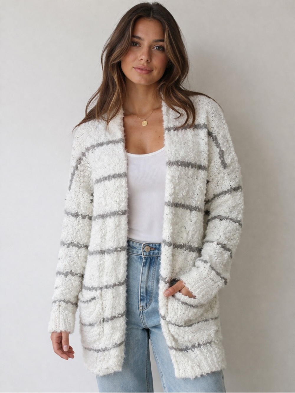 Altar’d State Cozy Open Cardigan Cream Gray Striped Soft Knit Sweater‎ Women’s